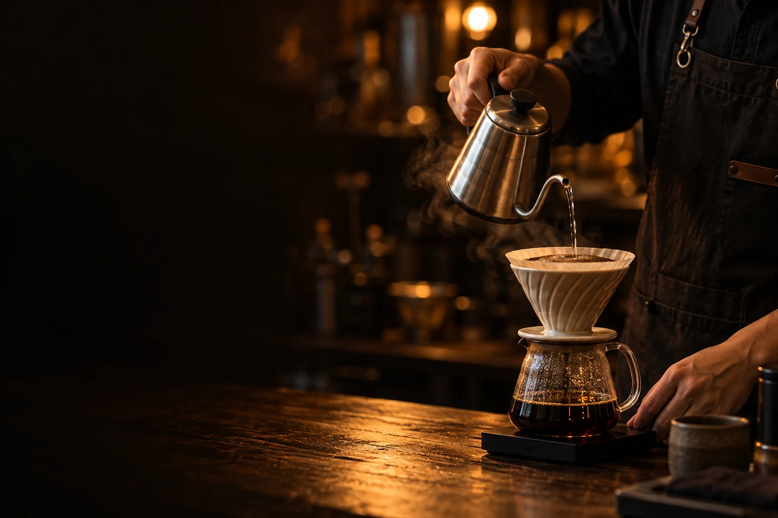 Barista menuang air dari kettle ke pour-over dalam cahaya hangat