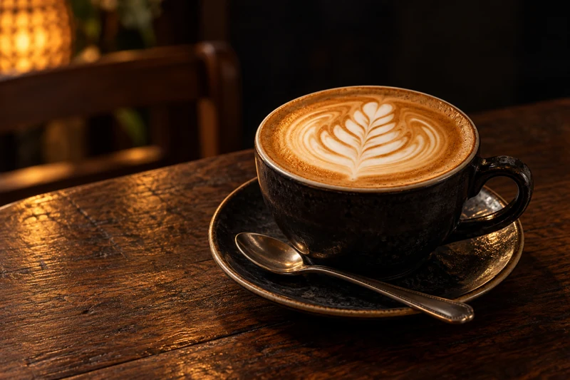 Secangkir kopi dengan latte art di meja kayu
