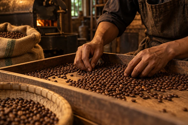 Tangan merawat dan memilah biji kopi panggang